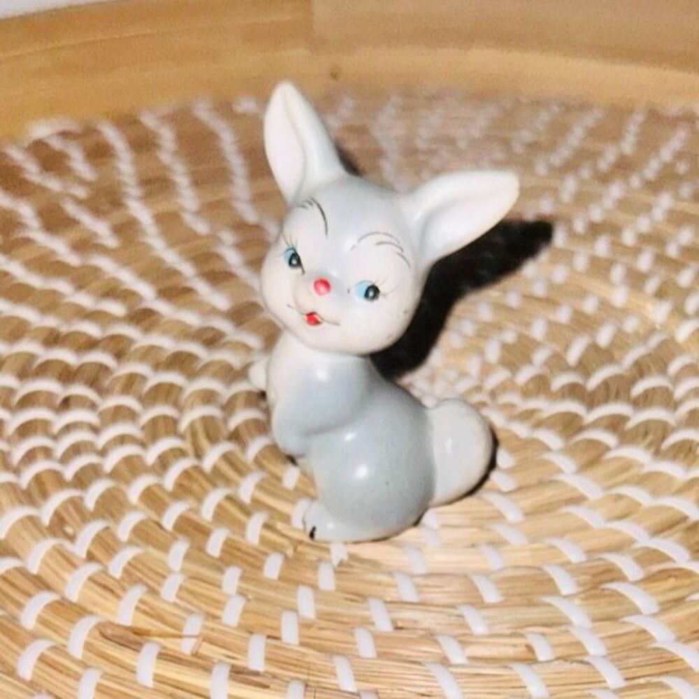 Vintage Anthropomorphic Porcelain Bunny Rabbit Figurine Gray Trinket